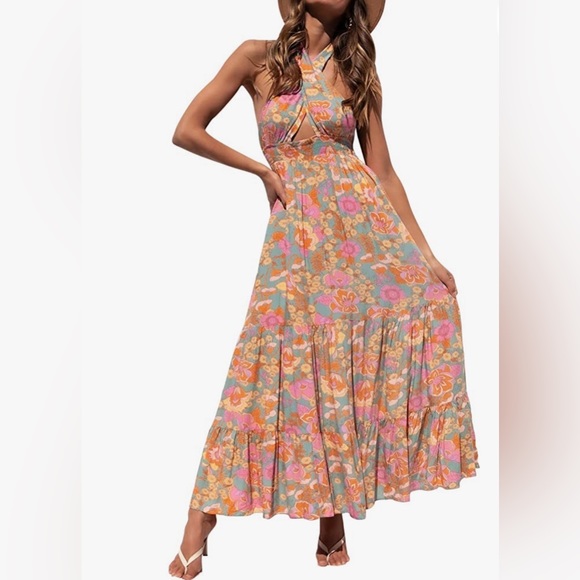 NWOT- Crossover Halter Neck Sleeveless Maxi Dress - Picture 1 of 2